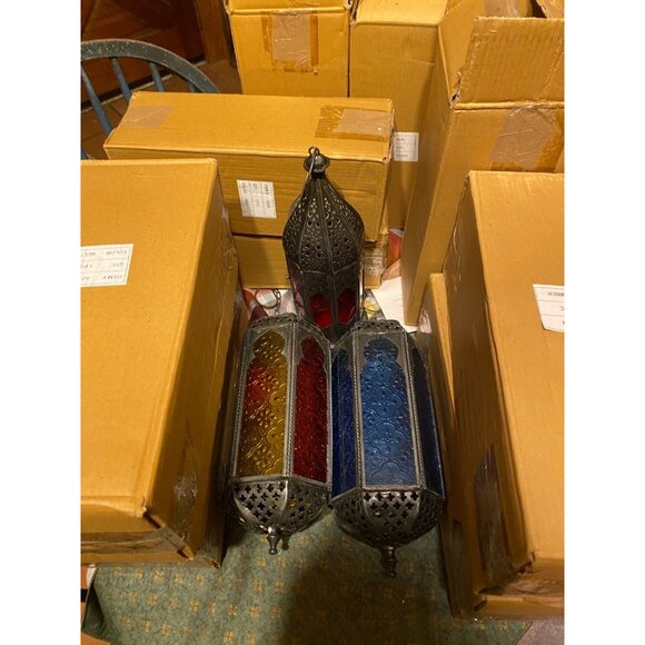 9 Pc Wedding Lot Copper Moroccan Lantern Metal Cutouts Decor 10" Tall MULTICOLOR - Picture 4 of 9